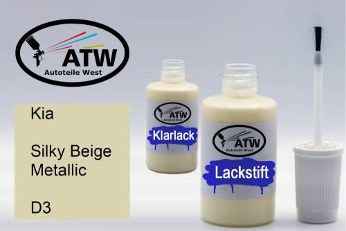 Kia, Silky Beige Metallic, D3: 20ml Lackstift + 20ml Klarlack - Set, von ATW Autoteile West.